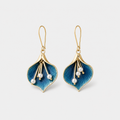 Gold Blue Lily Drop Earrings with Pearls