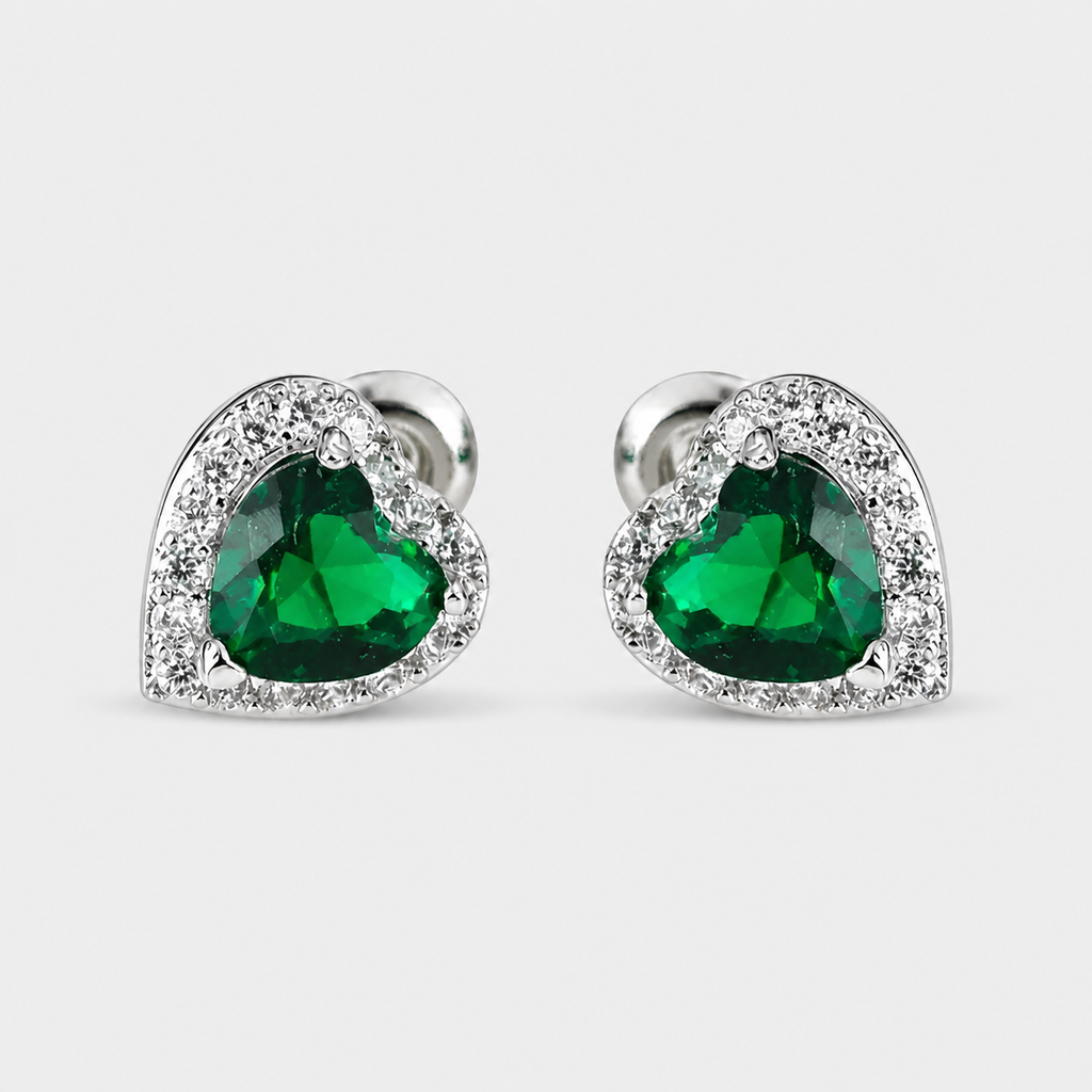 Emerald Heart Halo Stud Earrings