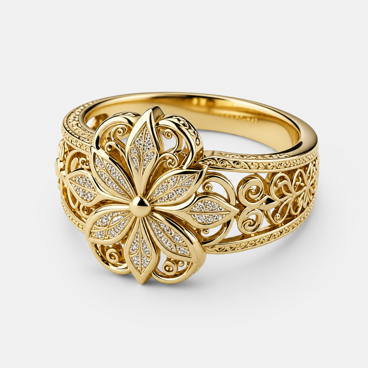 Exotic Floral Zirconia Gold Ring on a clean white studio background