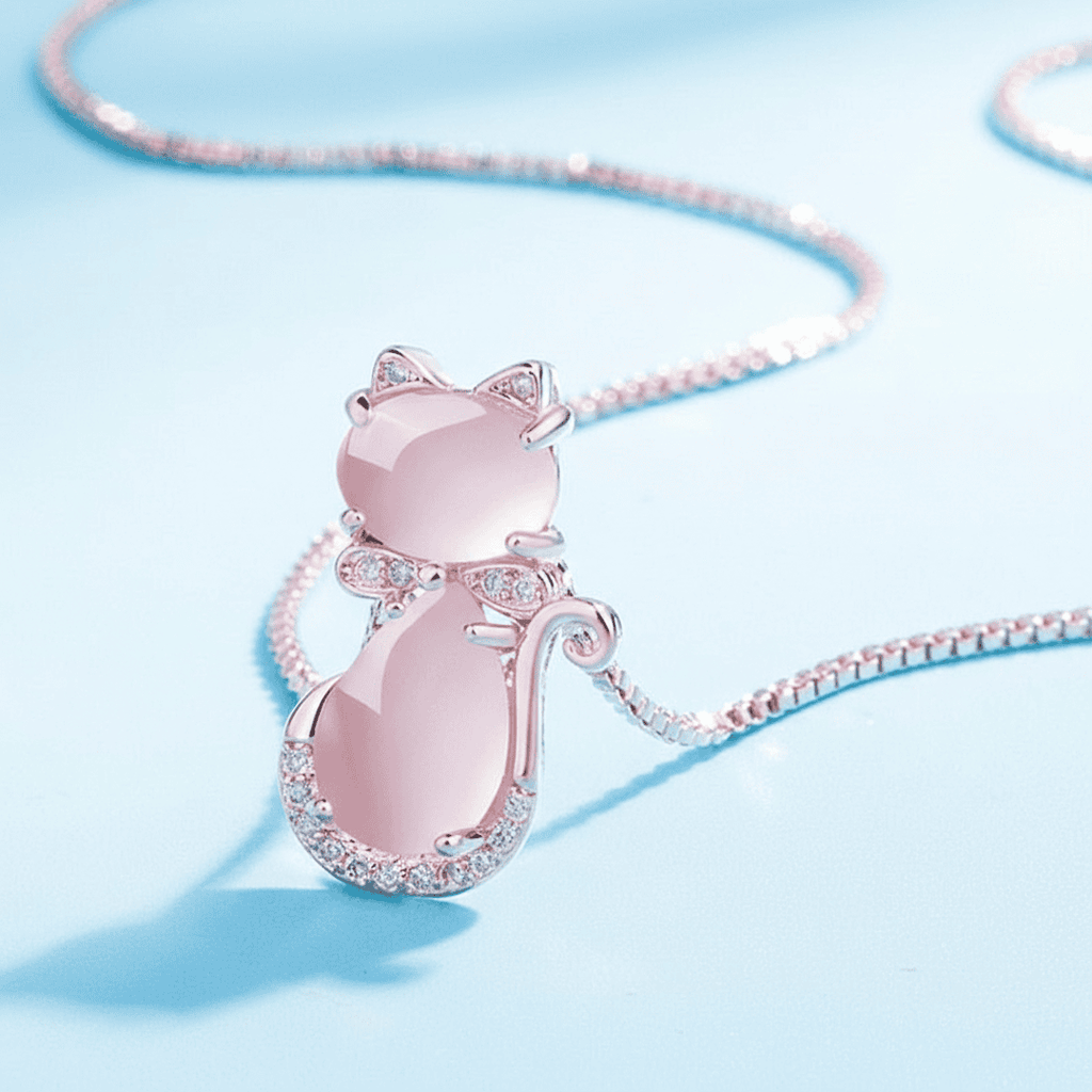 Lovely Pink Stone Cat Zircon Necklace