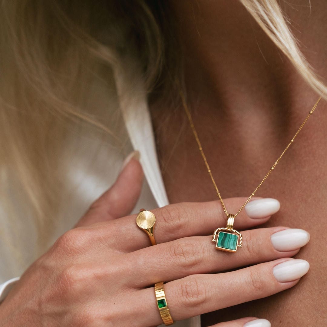 Malachite Pendant with Beaded Gold Chain