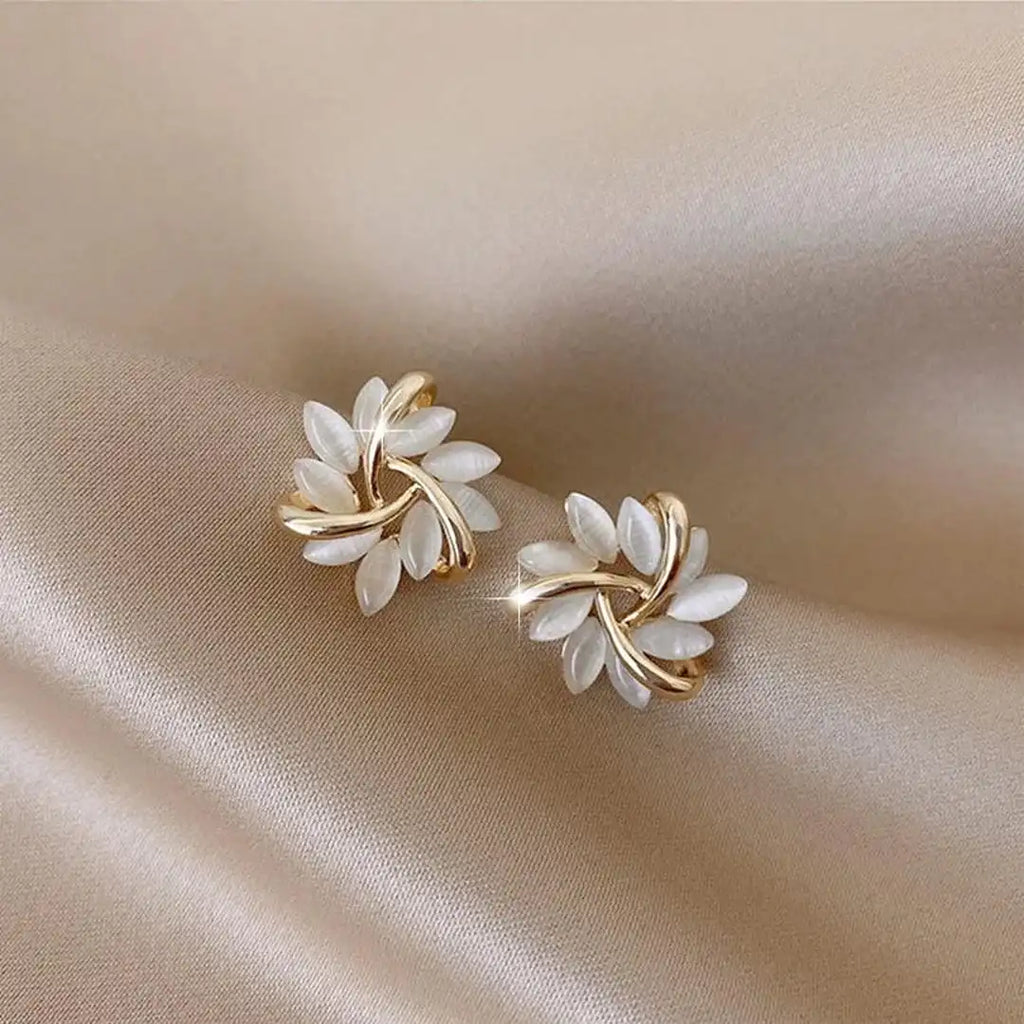 Gold Leaf White Opal Stud Earrings