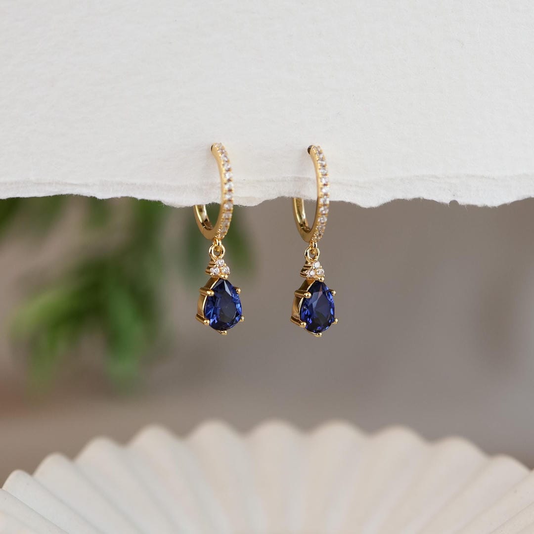 Gold Sapphire Stone Hoop Earrings