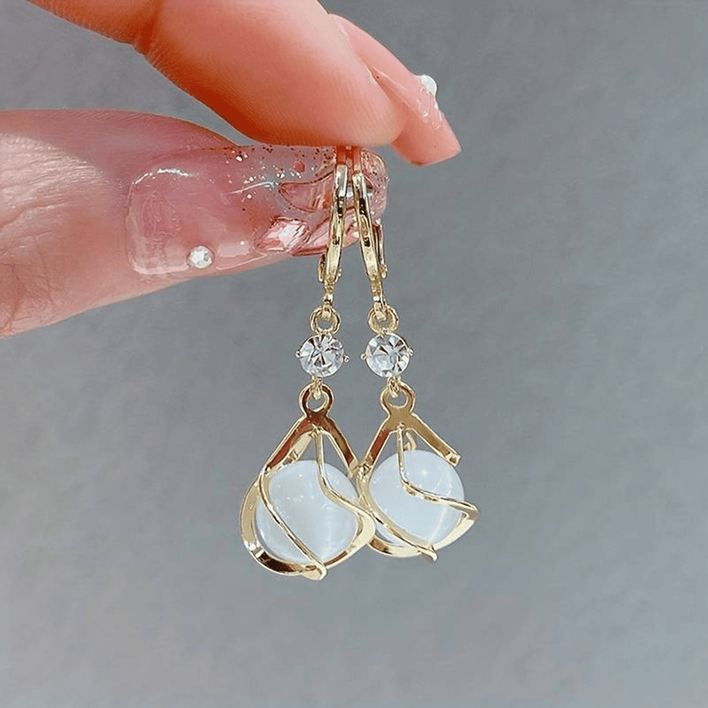 Gold Wire Wrapped White Opal Drop Earrings