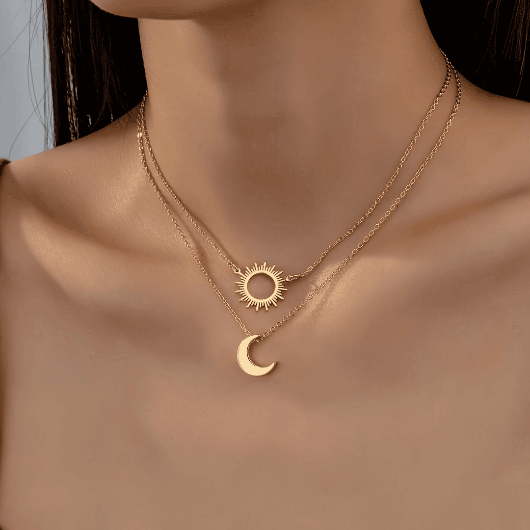 Gold Layered Sun and Moon Pendant Necklace