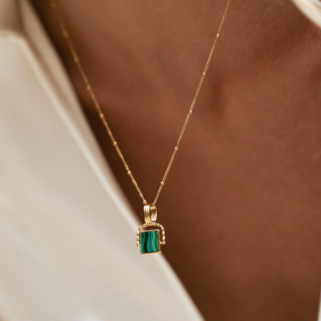 Malachite Pendant with Beaded Gold Chain