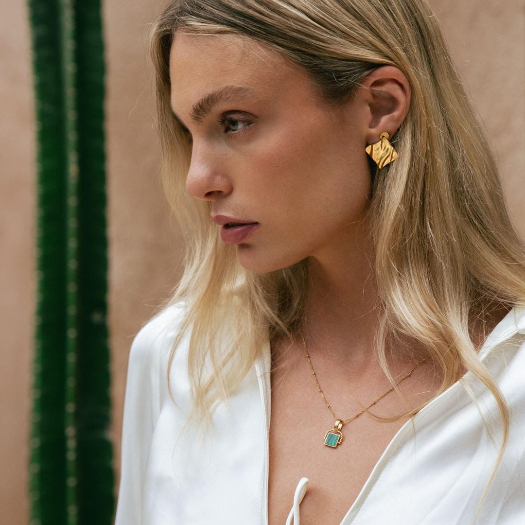 Malachite Pendant with Beaded Gold Chain
