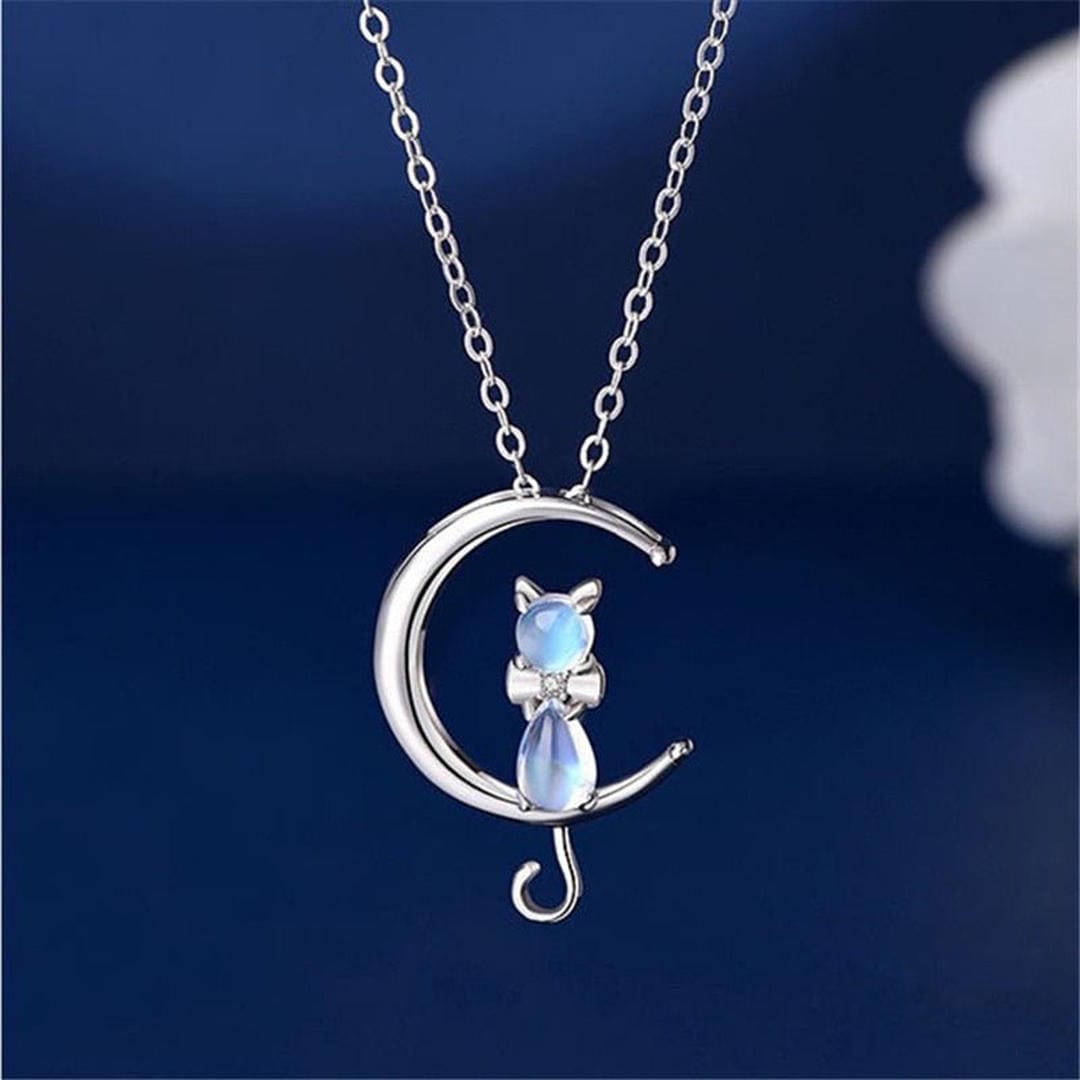 Crescent Moon and Cat Moonstone Necklace