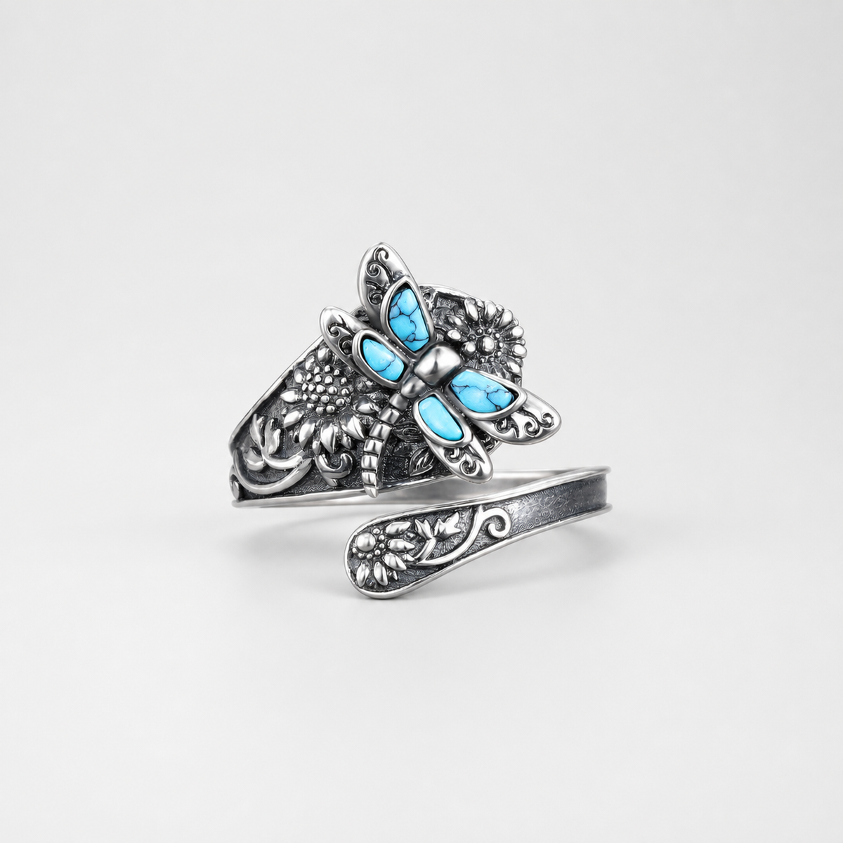 Adjustable Silver Turquoise Dragonfly Ring