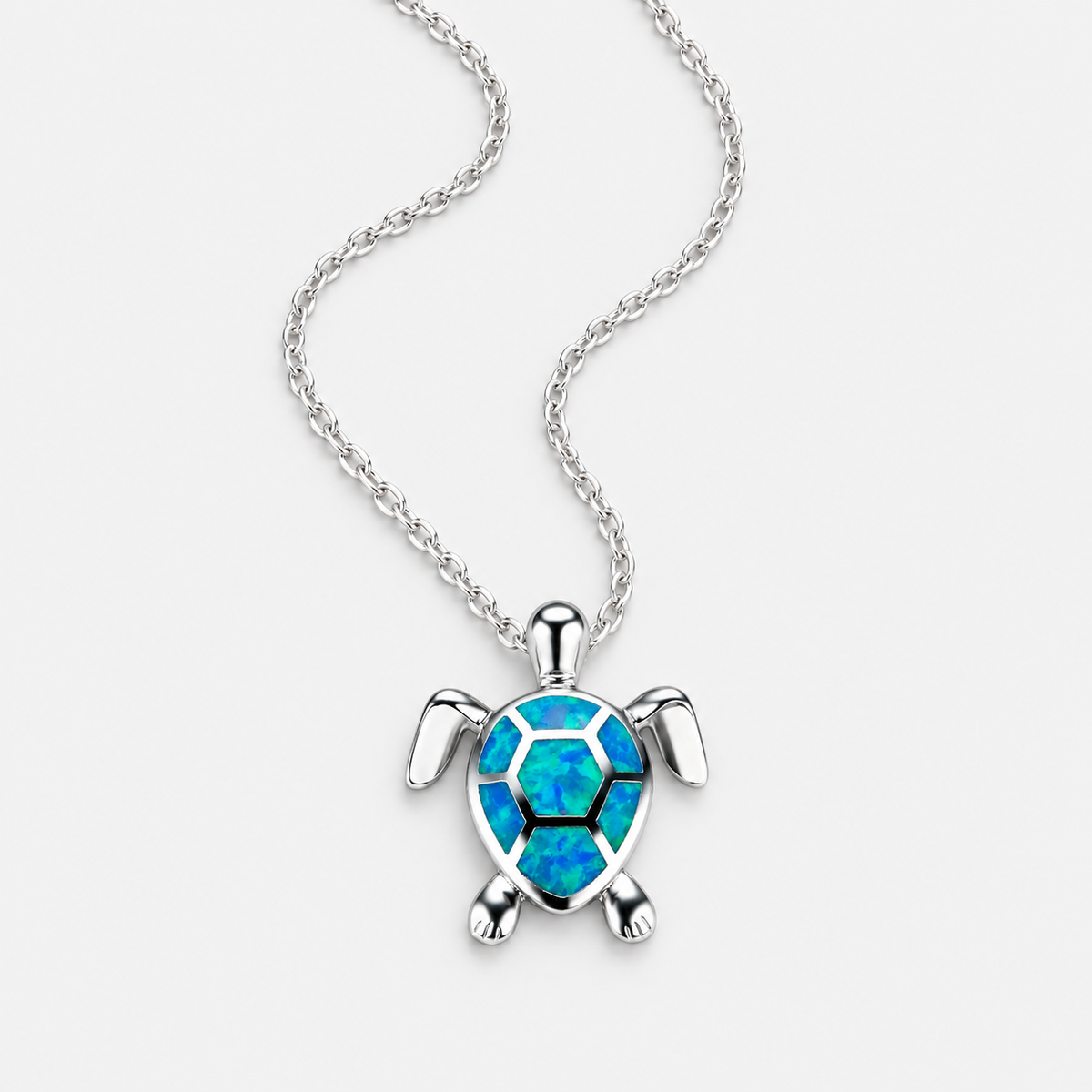 Silver Necklace with Blue Opal Turtle Charm