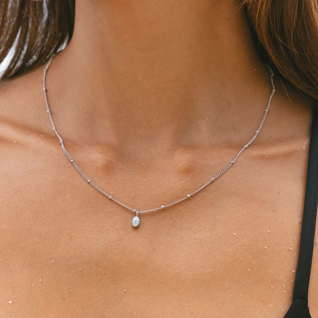Gold Beaded Necklace with Opal Pendant