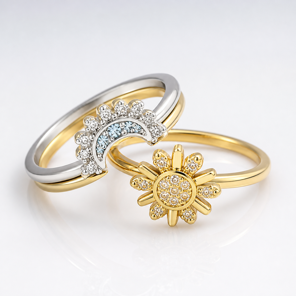Timeless Silver Zirconia Sun Moon Ring Set