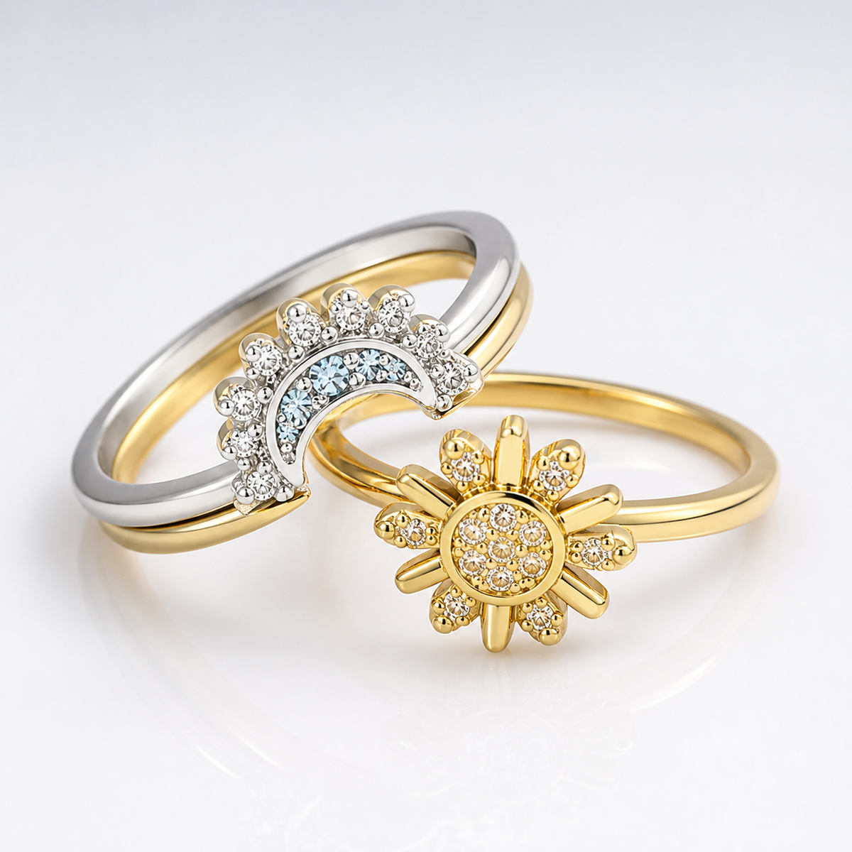 Timeless Silver Zirconia Sun Moon Ring Set