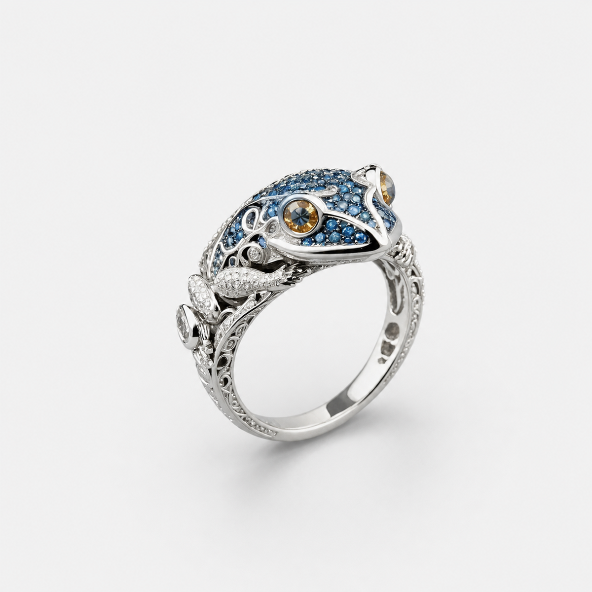 Vintage Blue Glossy Frog Ring in Silver