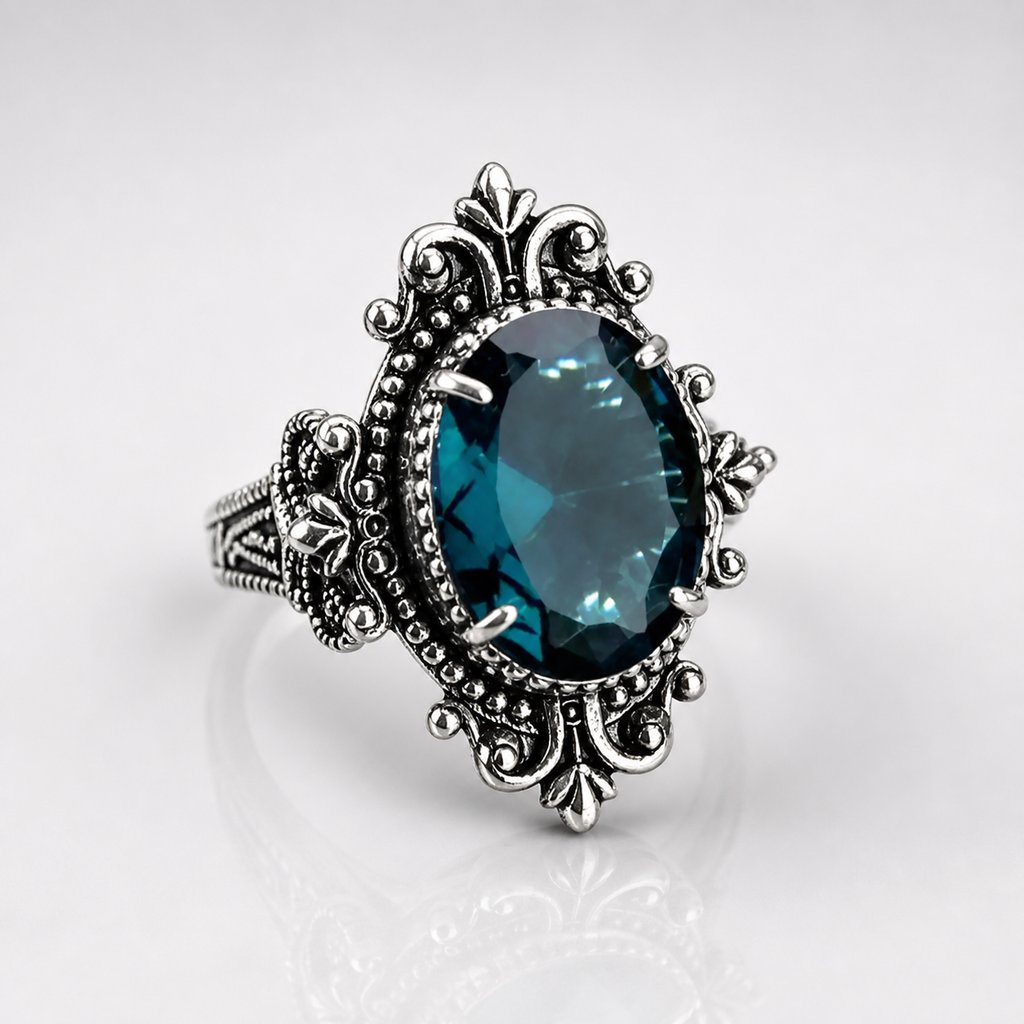 Vintage Silver Oval Blue Zirconia Ring
