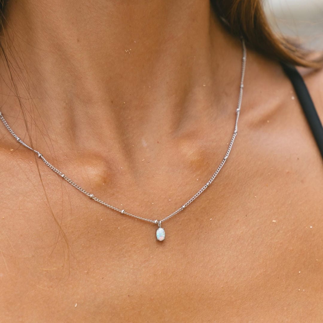 Gold Beaded Necklace with Opal Pendant